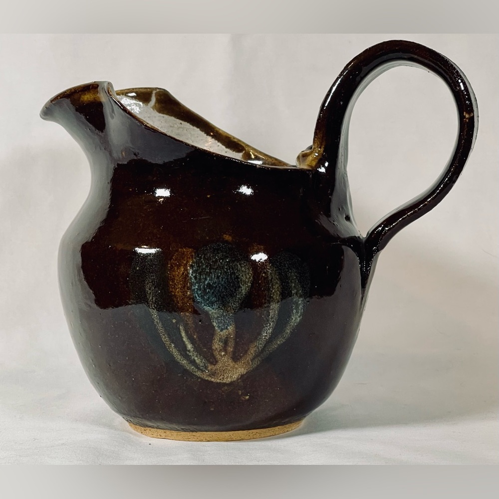 Artisan Pottery Stoneware Pitcher Jug Signed HUNT; 6" Tall Brown Glaze